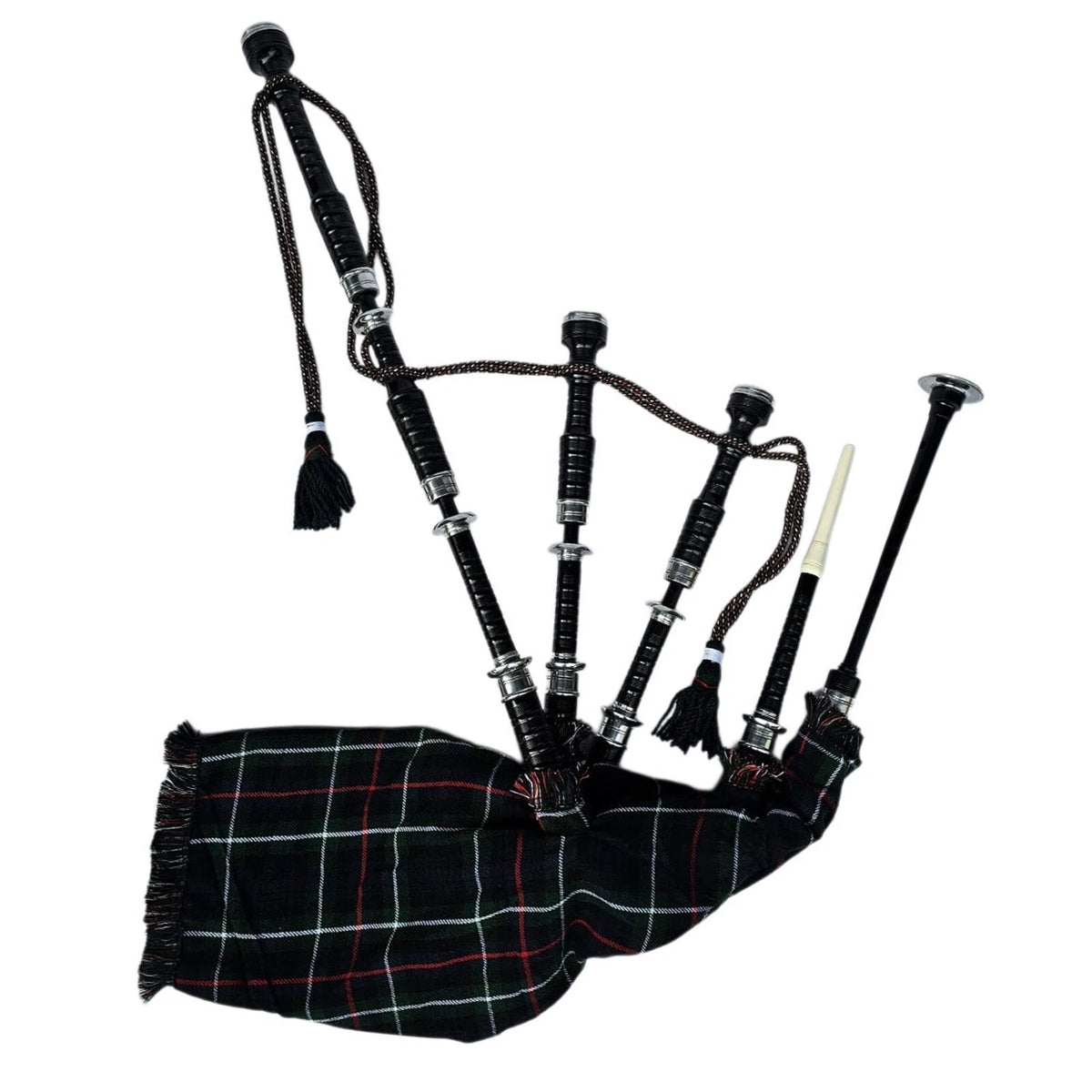 Mackenzie Tartan & Silver Mounts Highland Bagpipe, Carry Bag & Accessories