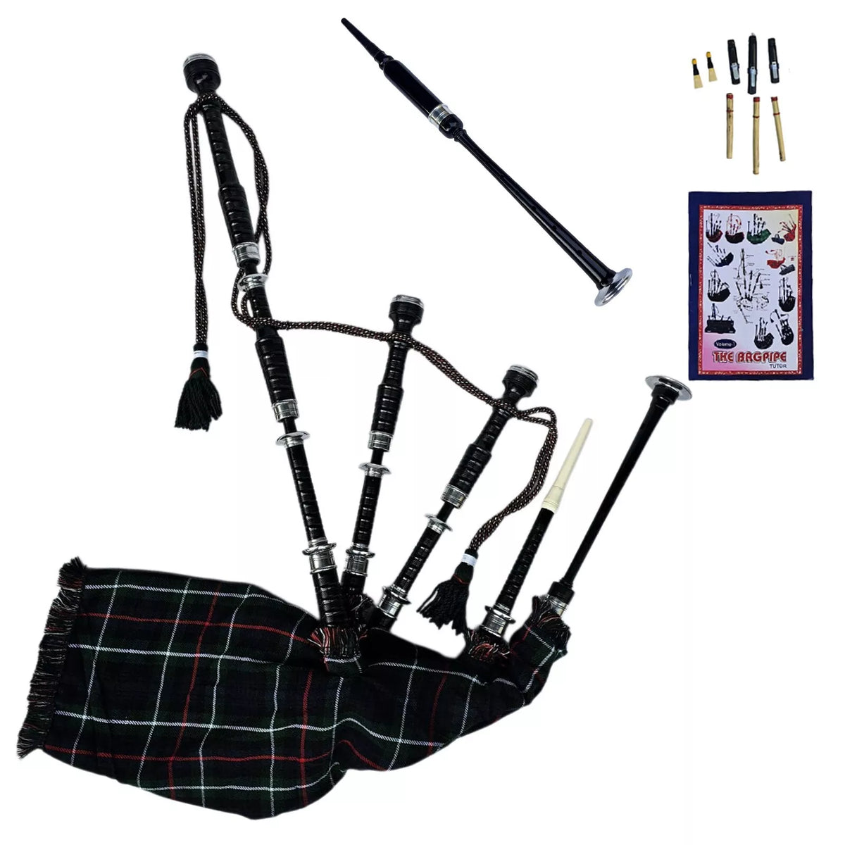Mackenzie Tartan & Silver Mounts Highland Bagpipe, Carry Bag & Accessories
