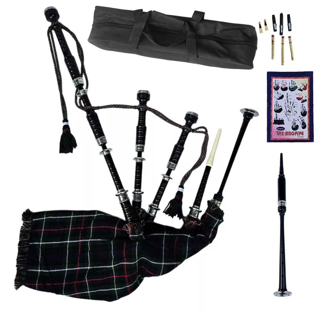 Mackenzie Tartan & Silver Mounts Highland Bagpipe, Carry Bag & Accessories