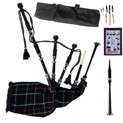 Mackenzie Tartan & Silver Mounts Highland Bagpipe, Carry Bag & Accessories