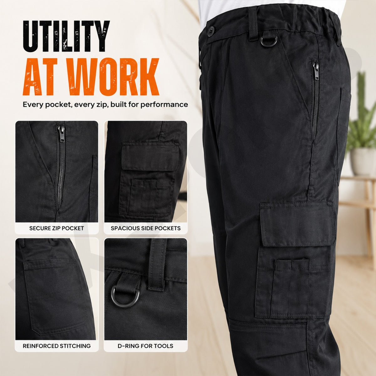 Men's Combat Cargo Work Trousers SEMI ELASTICATED WAISTBAND with KNEE PAD POCKET