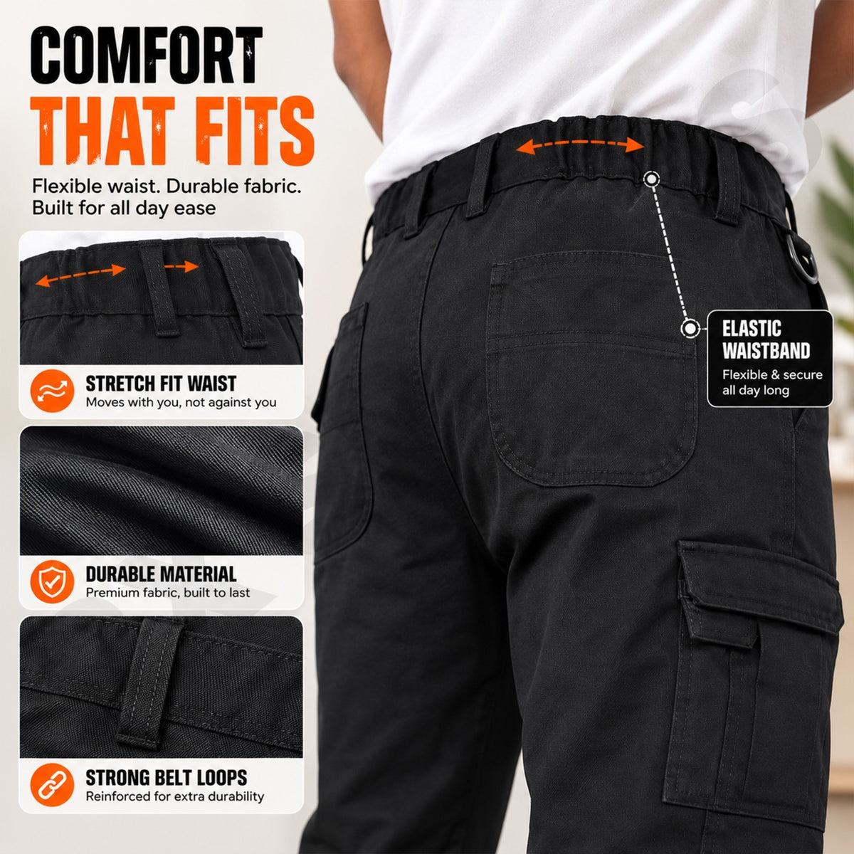 Men's Combat Cargo Work Trousers SEMI ELASTICATED WAISTBAND with KNEE PAD POCKET